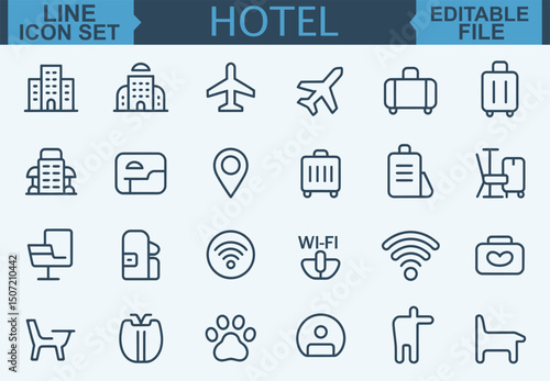 Thin Line Hotel Icon Set Room, Reception, Taxi, Booking, Hostel, Key Card, Check-In, Passport, Safe, Laundry, Fitness, and Pool Symbols in Vector Illustration