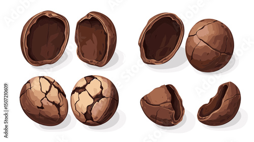 Pixel Art Illustration of Cracked Brown Shells Isolated on White Backdrop for Game Design and Graphic Elements