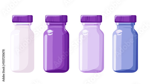 Pixel Art Illustration of Medicine Bottles in Various Shades of Purple and White Isolated on White Background