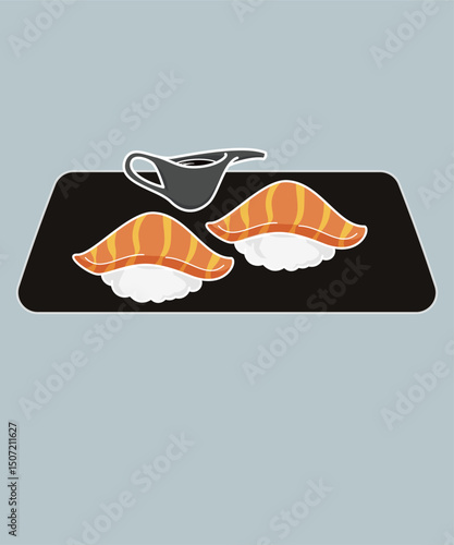 Flat Design Illustration With Two Sushi and Salmon, Sauce