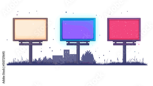 Pixel Art Style Three Blank Billboards Against Cityscape Silhouette at Night with Digital Art Aesthetic