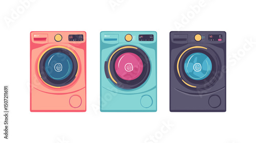 Pixel Art Trio of Laundry Machines in Pastel Pink Blue and Purple Home Appliances With Retro Design on White Background