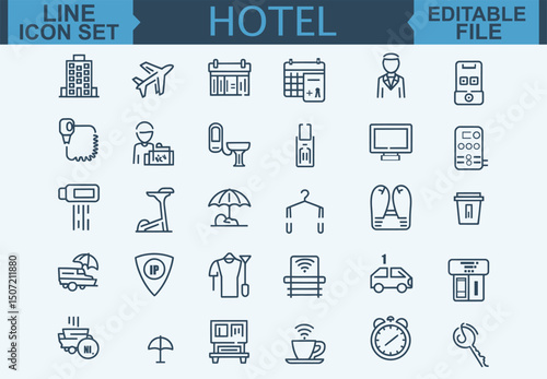 Thin Line Hotel Icon Set Room, Reception, Taxi, Booking, Hostel, Key Card, Check-In, Passport, Safe, Laundry, Fitness, and Pool Symbols in Vector Illustration