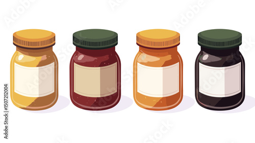 Pixelated Jars of Assorted Preserves with Green Lids Featuring Vintage Style Labels on White Background