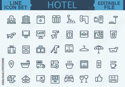 Thin Line Hotel Icon Set Room, Reception, Taxi, Booking, Hostel, Key Card, Check-In, Passport, Safe, Laundry, Fitness, and Pool Symbols in Vector Illustration