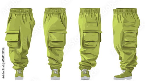 Pixelated Light Green Cargo Pants with Pockets in Four Different Perspectives Isolated on White Background
