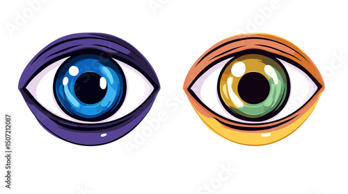 Pixelated Pair of Eyes with Blue and Gold Tones on Isolated White Background Featuring Graphic Design and Retro Pixel Art Illustration