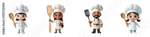 Cute Tiny Chef Characters with Big Hats and Spatulas in Pastel Colors