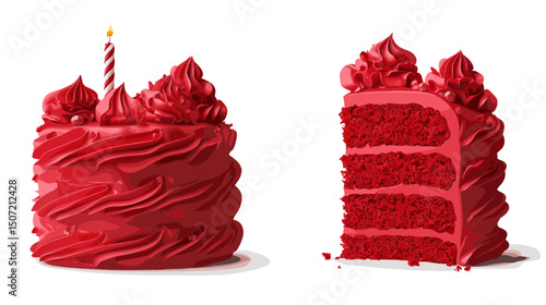 Red Velvet Cake with Candle and Slice on White Background in Pixel Art Style for Party Celebration
