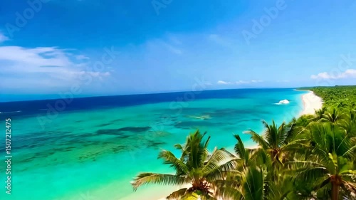 Flying under tropical beach with calm turquoise ocean water and lush green palm tree on a sunny day video. Serene seascape ideal for relaxation and travel drone footage.