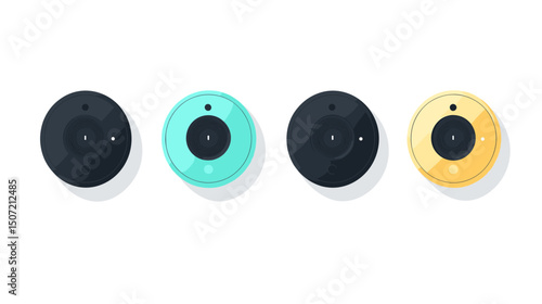 Robotic Vacuum Cleaners Pixel Art Style Black Turquoise and Yellow Colored in a Group Isolated on a White Background