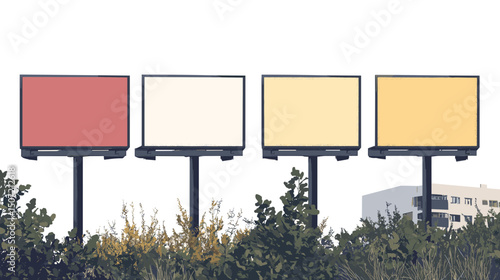 Row of Four Blank Pastel Billboards on a Sunny Day Above Green Bushes in Urban Landscape