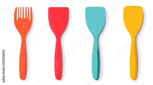 Set of Four Colorful Cooking Spatulas and Serving Fork Utensils for Culinary Tasks on White Background