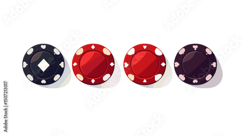 Set of Four Pixelated Poker Chips in Red and Black Colors Arranged on A White Surface Representing Gambling Risk and Fun