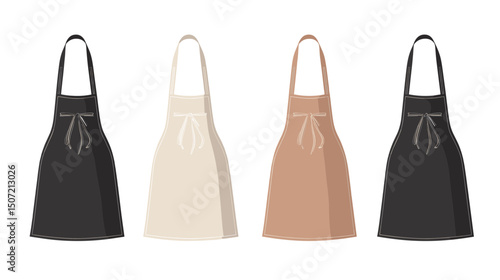 Set of Four Various Colored Aprons in a Row on White Background for Cooking and Protective Wear