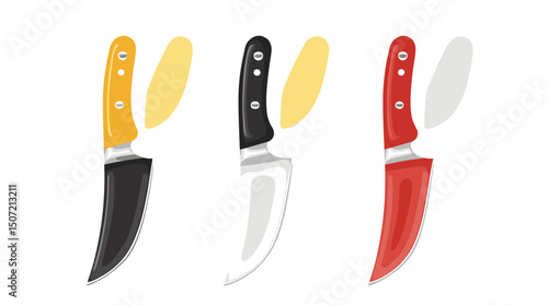 Set of Three Knives with Yellow Black and Red Handles Isolated on White Background
