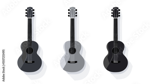 Three Acoustic Guitars in Gray Tone Scale with Stringed Musical Instruments Isolated on White Background