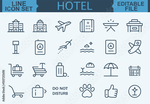 Thin Line Hotel Icon Set Room, Reception, Taxi, Booking, Hostel, Key Card, Check-In, Passport, Safe, Laundry, Fitness, and Pool Symbols in Vector Illustration