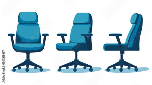 Three Blue Office Chairs with Adjustable Armrests and Swivel Base on White Background for Work and Comfort