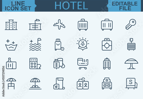 Thin Line Hotel Icon Set Room, Reception, Taxi, Booking, Hostel, Key Card, Check-In, Passport, Safe, Laundry, Fitness, and Pool Symbols in Vector Illustration