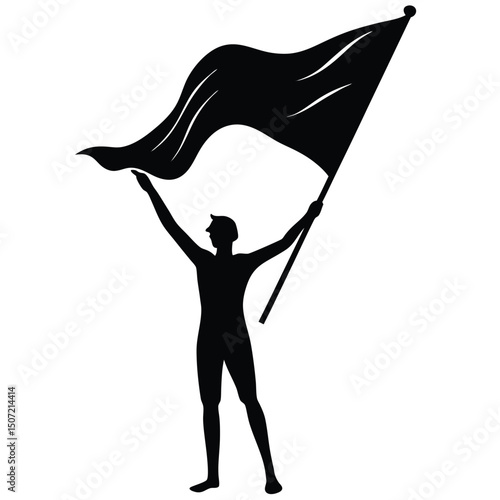 Silhouette illustration of a person holding a large flag symbolizing victory or achievement.
