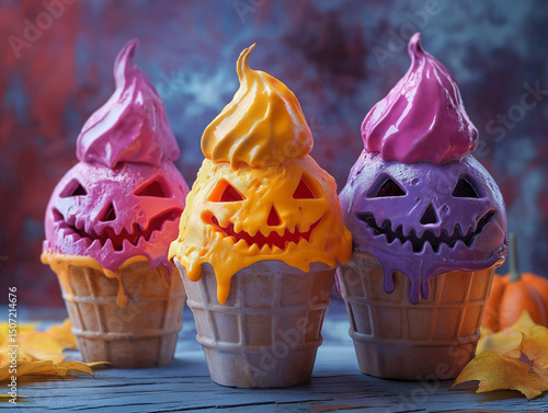 Wallpaper Mural A trio of vibrant, colorful jack-o'-lantern ice cream cones, perfect for a festive Halloween treat. Torontodigital.ca