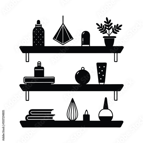 silhouette of wall-mounted floating shelves with decor items 