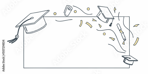 Graduation celebration frame with mortarboards confetti and diploma for invitation design
