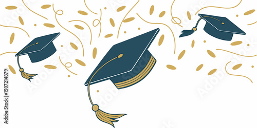 Graduation celebration with mortarboards and confetti illustration on white background