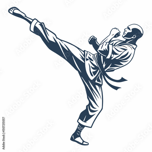 Stylized martial arts illustration of man kicking in karate pose