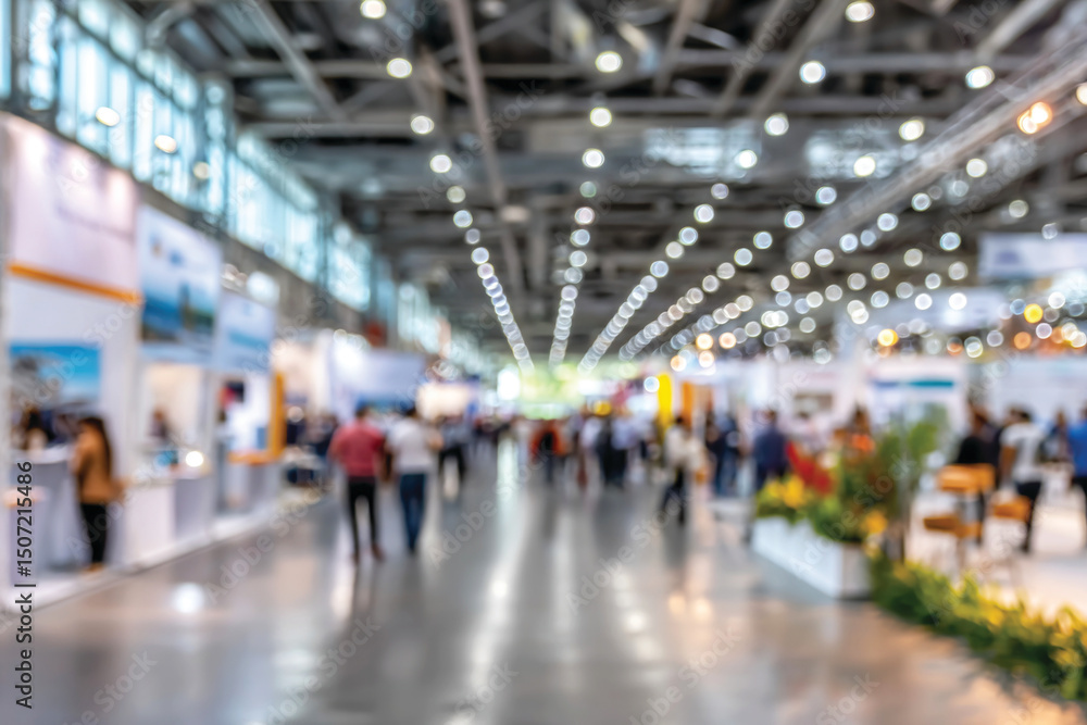 Blurred indoor exhibition hall filled with people walking through exhibit booths and bright lights Blurred indoor exhibition hall filled with people walking through exhibit booths and bright lights
