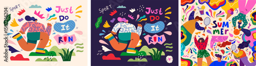 Colorful summer vector illustrations with people doing sports. People are running. Modern illustrations