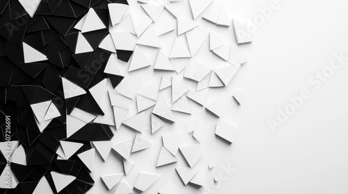 Abstract geometric pattern with black and white triangular shapes scattered across a clean, minimalistic background.