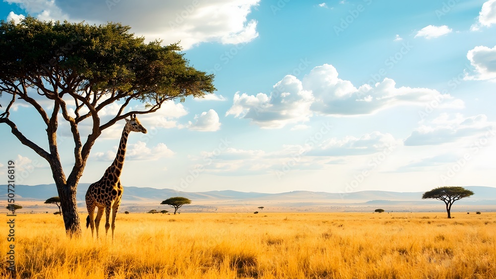 Obraz premium Giraffe Feeding Under Acacia Tree in African Savannah