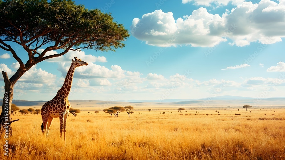 Obraz premium Giraffe Feeding Under Acacia Tree in African Savannah