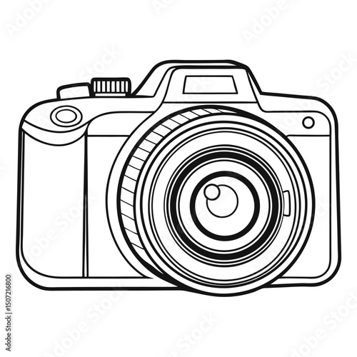 Camera illustration in black and white outline style for photography projects and designs.