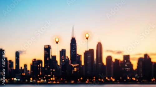 A blurred city skyline at sunset with light bulb icons highlighting specific skyscrapers.