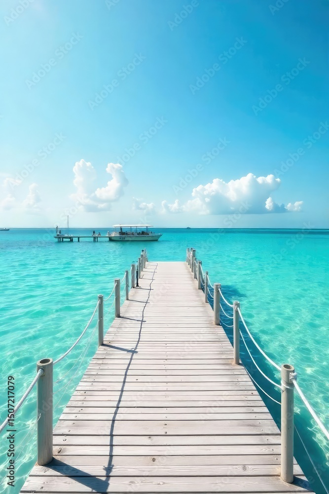 Obraz premium Sun-drenched white pier extending into calm turquoise water, perfect for a relaxing summer scene Ideal for travel, vacation, or coastal lifestyle imagery , white, getaway, scenic