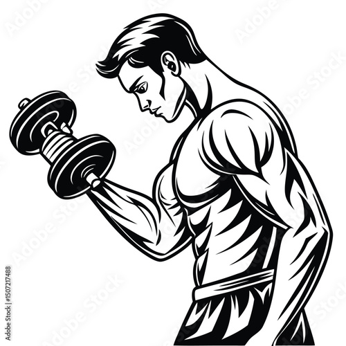 Muscular man lifting dumbbell in gym bodybuilding training black and white vector.