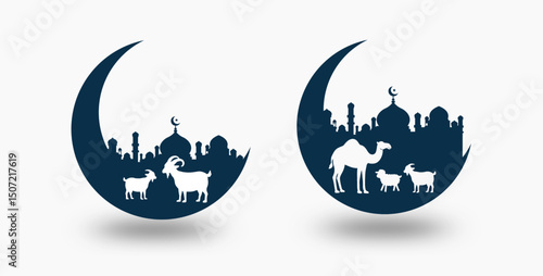 Bundle of Eid al-Adha Vector Illustration with Crescent Moon, Mosque Silhouette, Goat, Camel, and Islamic Elements – Perfect for Cards, Posters, Banners, and Social Media Design