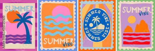Summer vibe. Vector abstract minimal art illustration of postage stamp with beach and palm tree, wave, sea, sun, rock and California for poster, background, invitation, card, print, icon or flyer