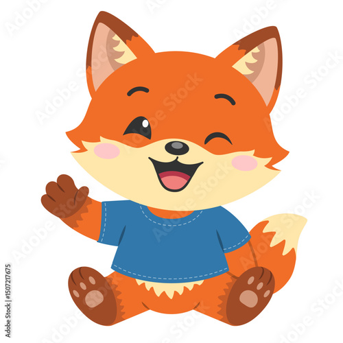 Cute baby fox isolated on white. Cartoon chibi fox cub waving hello. Little  kawaii fox sitting and smiling. Vector image for childrens book, design of childrens products, preschool kids entertainment