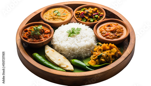 Aromatic Indian cuisine platter with rice and various curries.