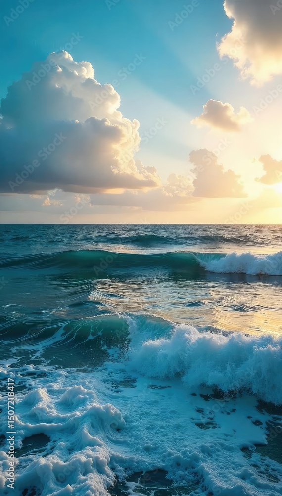Obraz premium Vast ocean meeting the sky at the horizon, tranquil waves gently rolling Perfect for travel, nature, and serenity themes , expanse, aquatic