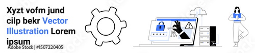 Gear icon, computer with lock and warning icons, server stack, user figure. Ideal for technology, cybersecurity, data protection, cloud storage, internet safety encryption simple landing page