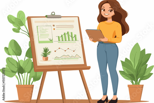 image of a girl standing in front of a blackboard with plants nearby, giving a report about plants
