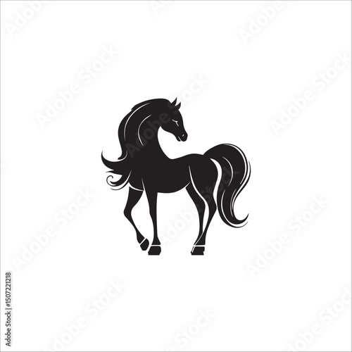 black silhouette of a beautiful horse looking back, on a white background, vector, graphics

