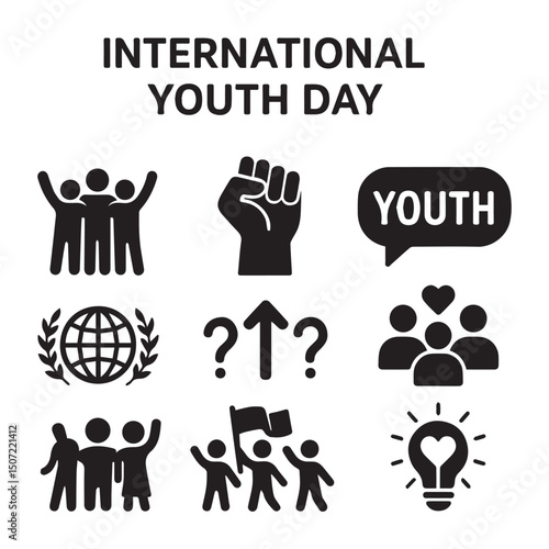 International Youth Day Icons.
Celebrating youth with globe, unity, and raised hands – great for awareness campaigns or youth programs