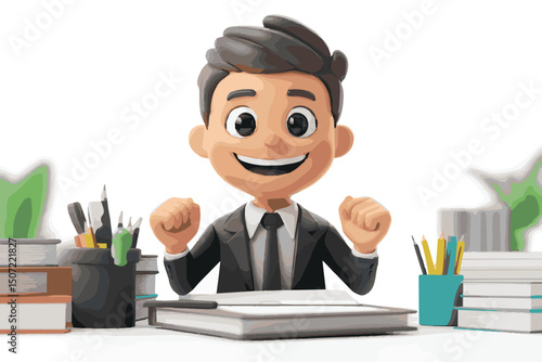 image of a happy man sitting at a table on which there are books and other stationery
