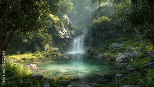 Lush waterfall cascading into a tranquil mountain pool, surrounded by dense foliage